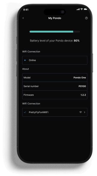 My Pondo device settings and connection status